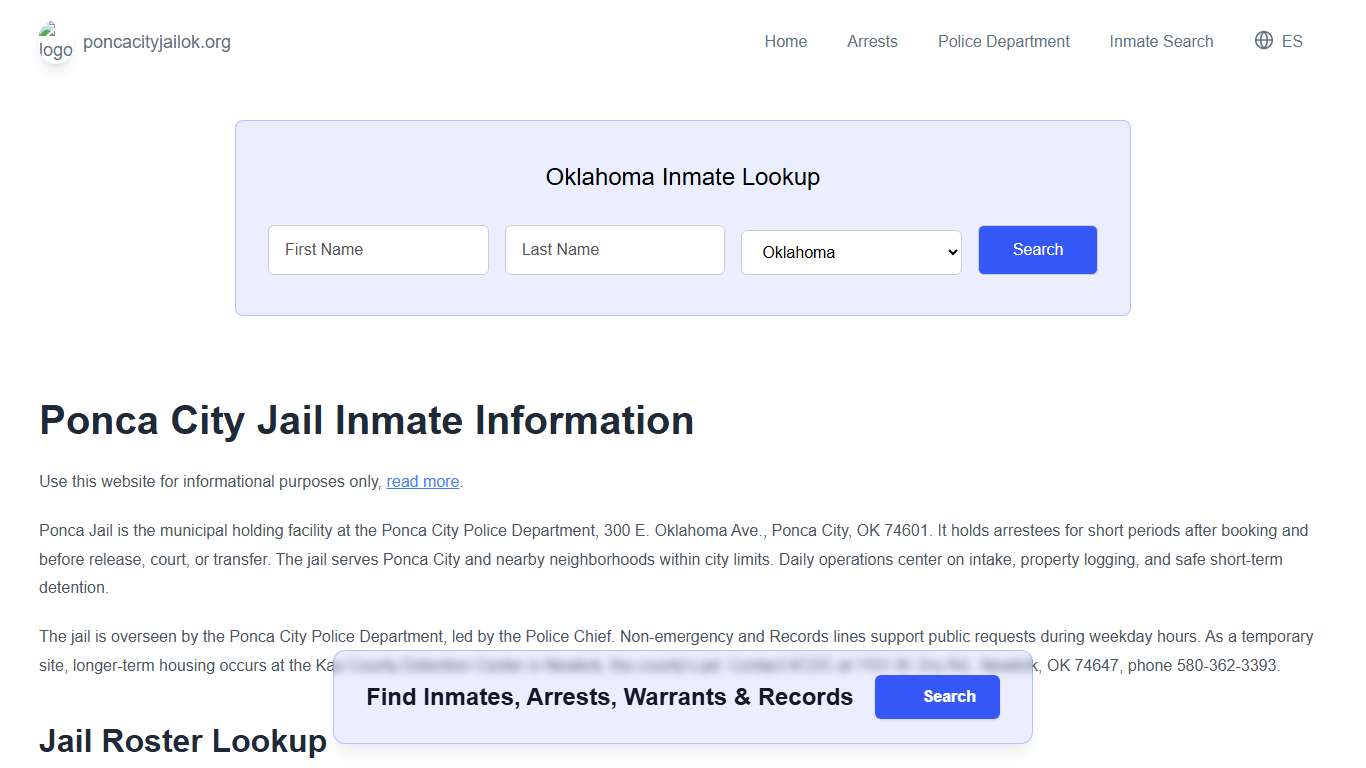 Ponca Jail, OK Inmate Roster, Municipal Jail Info